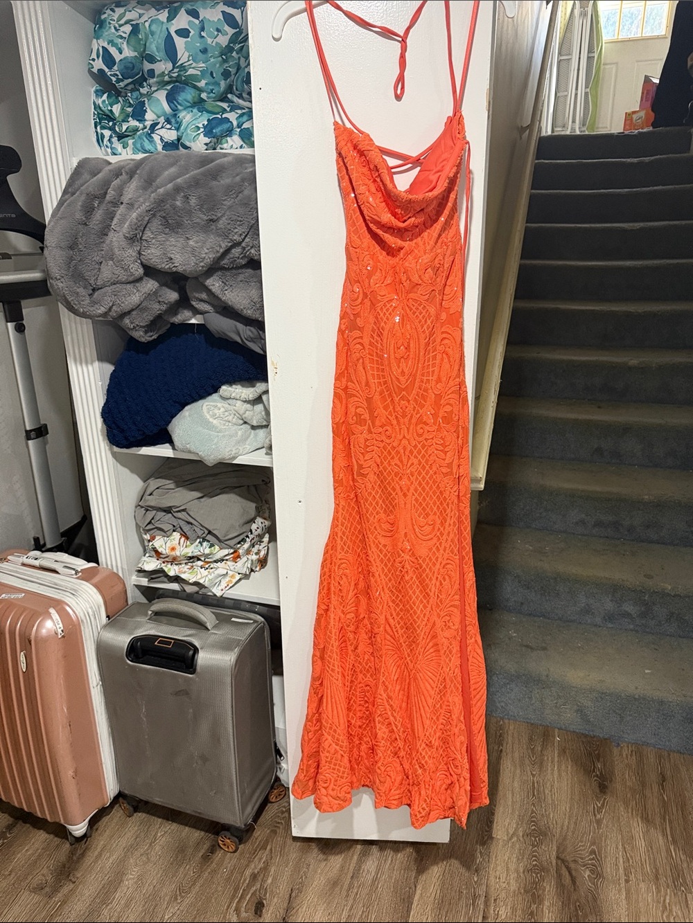 Windsor Orange Lace Cowl Maxi Dress with Strappy Back